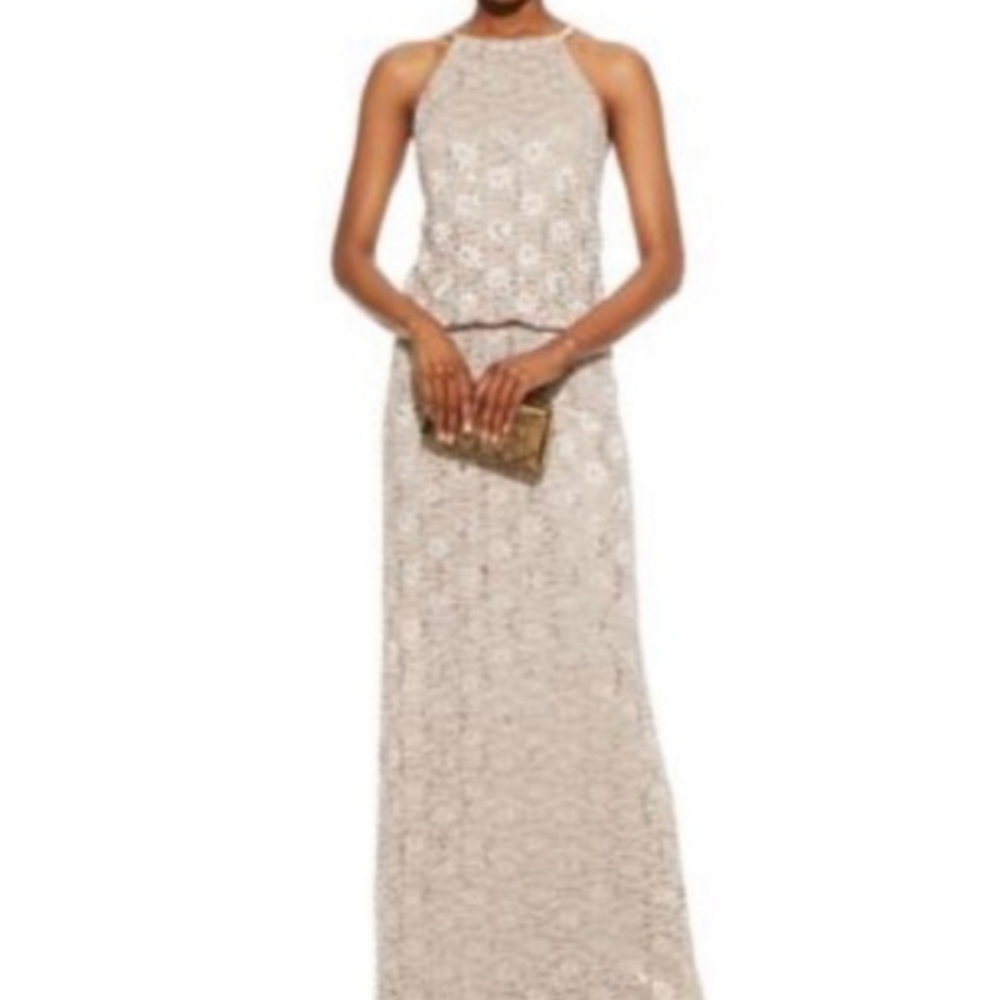 London Times Oatmeal Colored Lace Over Sleeveless Maxi Dress 6.